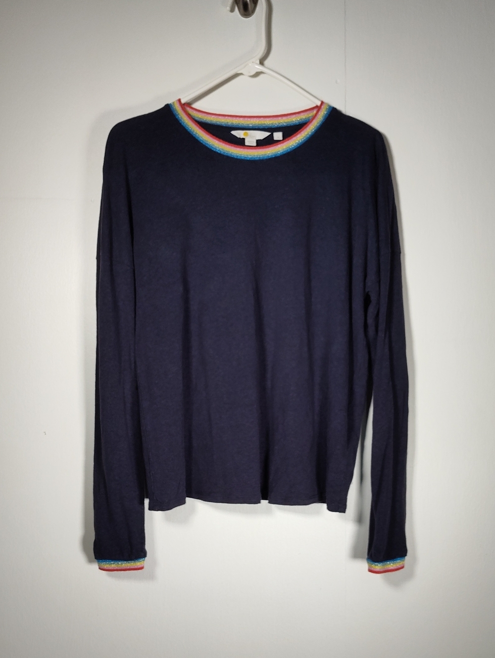 Boden navy blue linen blend long sleeve‎ tee sparkle rainbow trim M